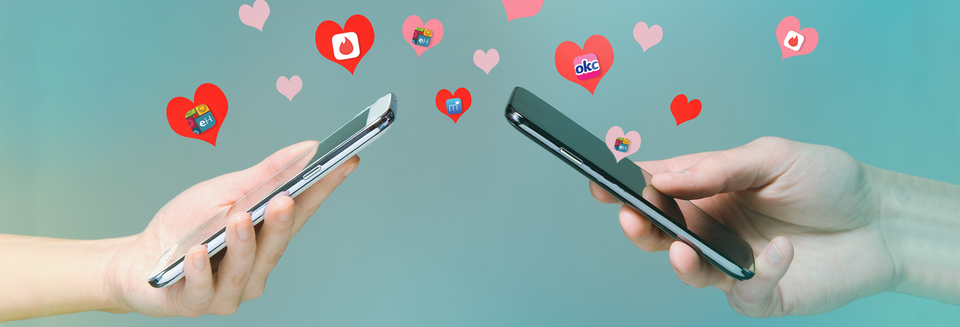 A picture showing two hands with phones and hearts with dating site logos in them floating around.