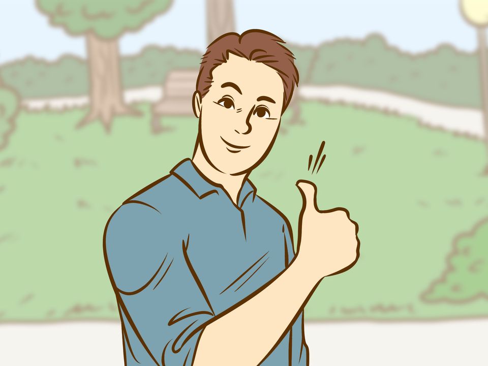 A drawing of a white man, with brown hair and wearing a blue shirt while tilting his head, giving a thumbs up